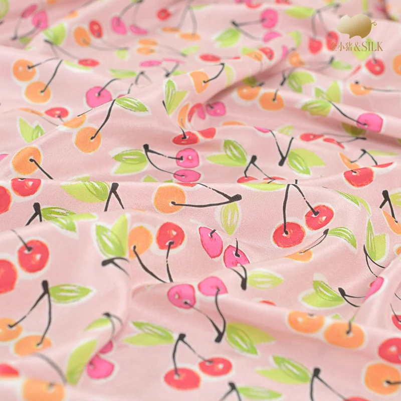 

spring cherry print Pure Silk Crepe de Chine Fabric Width 55inch/140cm 16MM