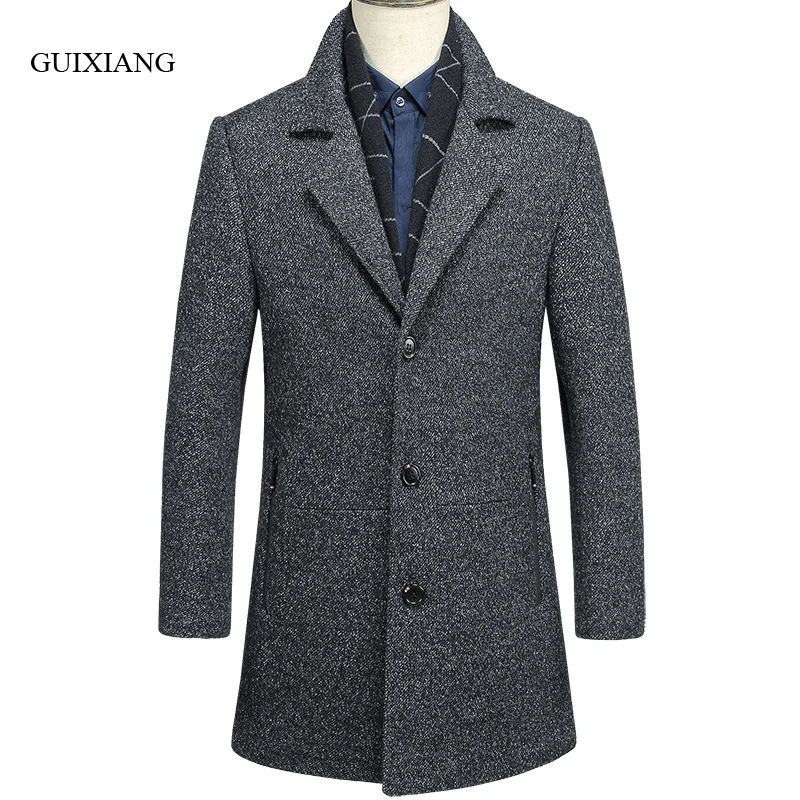 2017 New arrival winter style Men s boutique woolen coat business casual detachable scarf men long