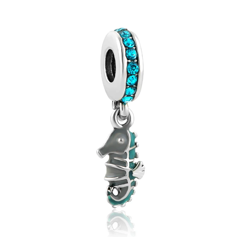 

free shipping 1pc christmas gift lake blue hippocampus hanging bead charms fit european style bracelet B080