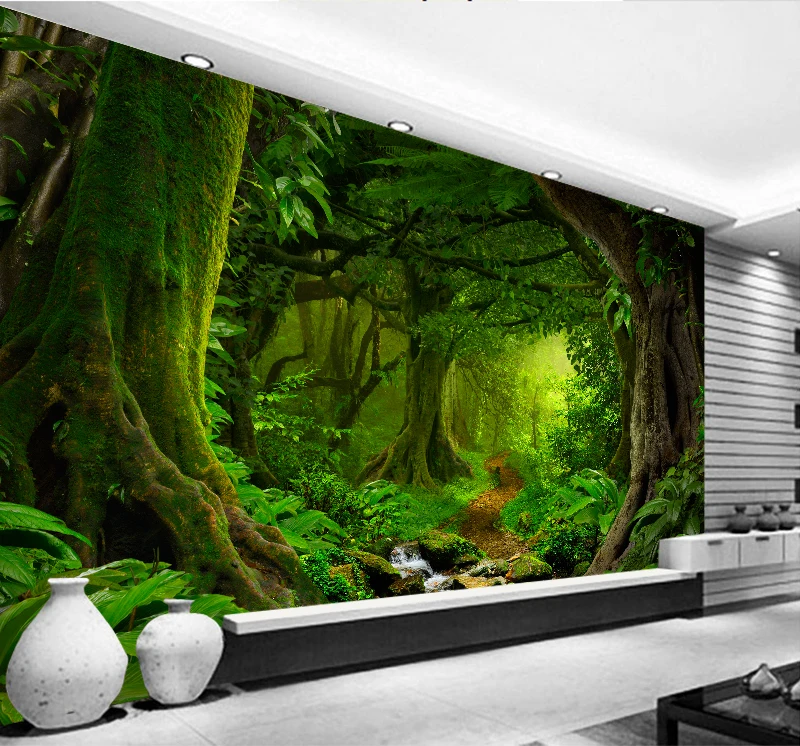 

Custom Wallpaper 3D Tropics Forests Waterfall Trees Jungle Nature Modern Forest Path Wall Sticker Living Room Bedroom Mural