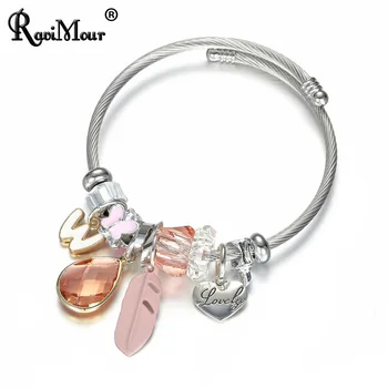 

RAVIMOUR Bangles for Women Letter Love Feather Bracelet Femme Fashion Stainless Steel Cuff Bangle Jewelry Gift for Girls