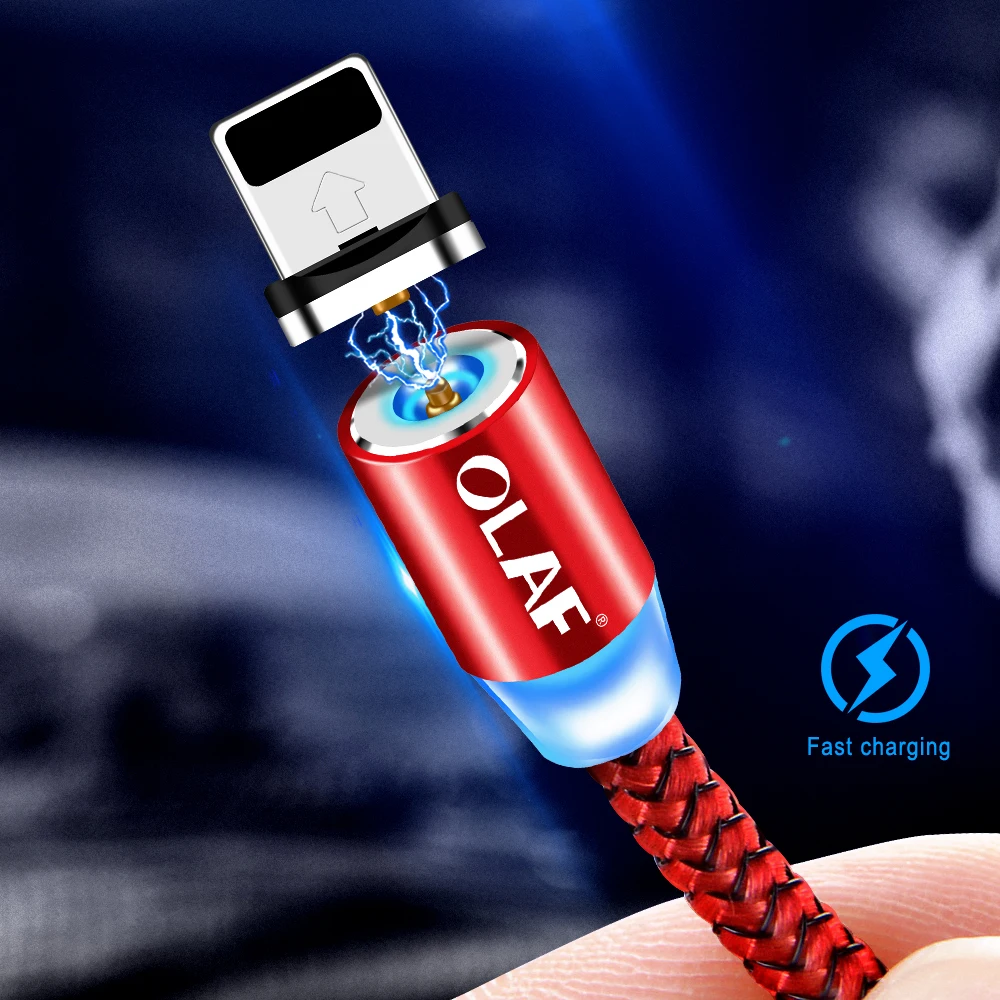 Магнитный usb-кабель OLAF 1 м 2 м 8-контактный кабель для быстрой зарядки USB для iPhone 6 7 8 Plus X XR XS XSMax Магнитный светодиодный шнур для зарядного устройства