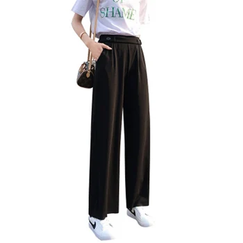 

Straight Ice Silk Knit Female Summer New Korean Version Of The Nine Pants Women High Waist Hhanging Slim Wide Leg Pants AA21