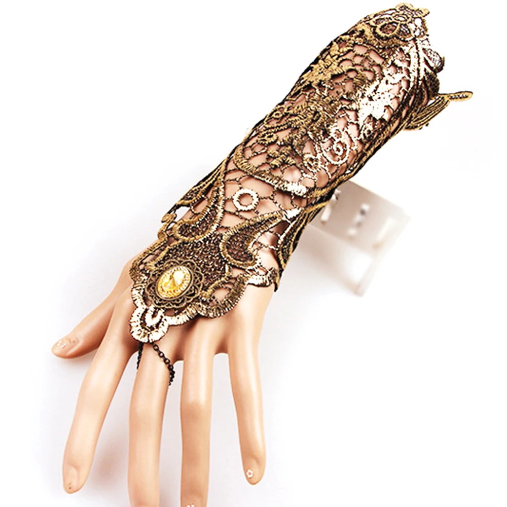 

1 Pcs Lace Fingerless Long Gloves Women Retro Hollow Out Skid Resistant Chain Bracelet Gloves Goth Party Costumes Elegant Gold