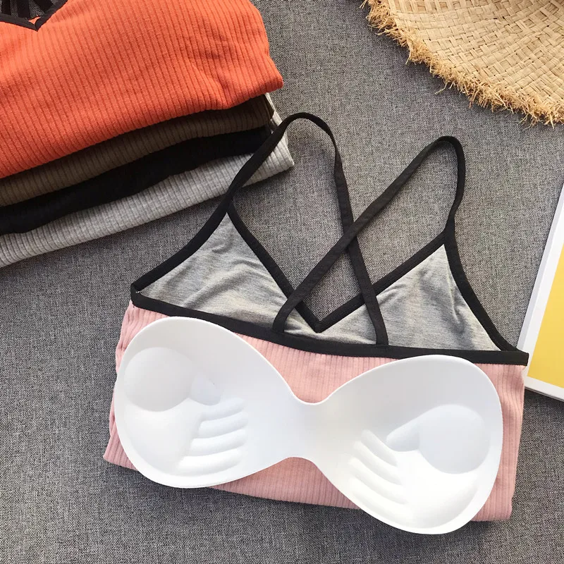 Girls Crossed Straps Short Camis Tops With Seperated Bra Women Padding Tanks Crop Tops For Female