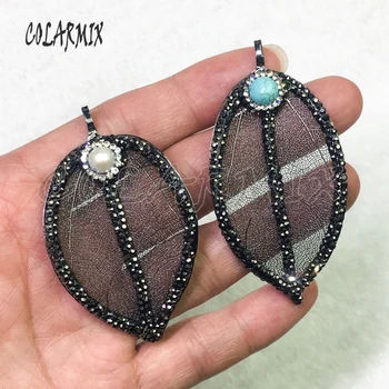 

6pcs natural leaf pendants plated leaf pendant with natural pearl ,blue stone Gems jewelry necklace pendants for women 9206