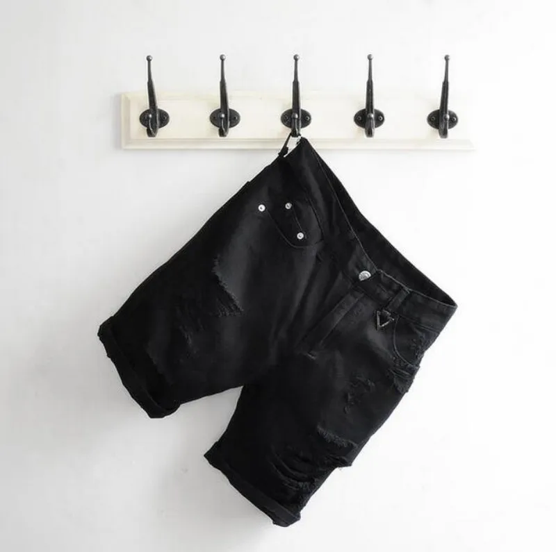 Бренд Винтаж мужские летние джинсовые шорты черный, белый цвет Классические мотобрюки Большой отверстие хлопок шорты по колено джинсы для