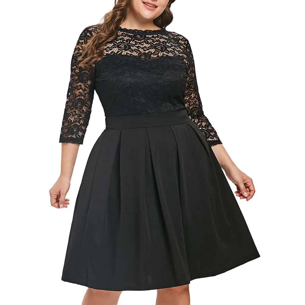 MISSOMO платье для женщин размера плюс 5XL однотонное платье трапециевидной формы с рукавом 3/4 и кружевной панелью одежда на молнии для женщин vestidos femme - Цвет: BK