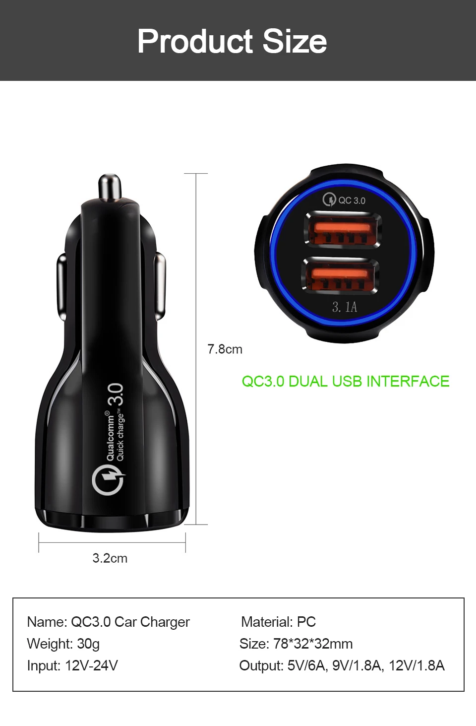 Quick Charge QC 3.0 USB Car Charger For Mobile Phone Fast PD Car Charging Chargers Dual USB 3.1A 5912V For Universal Phone (7)