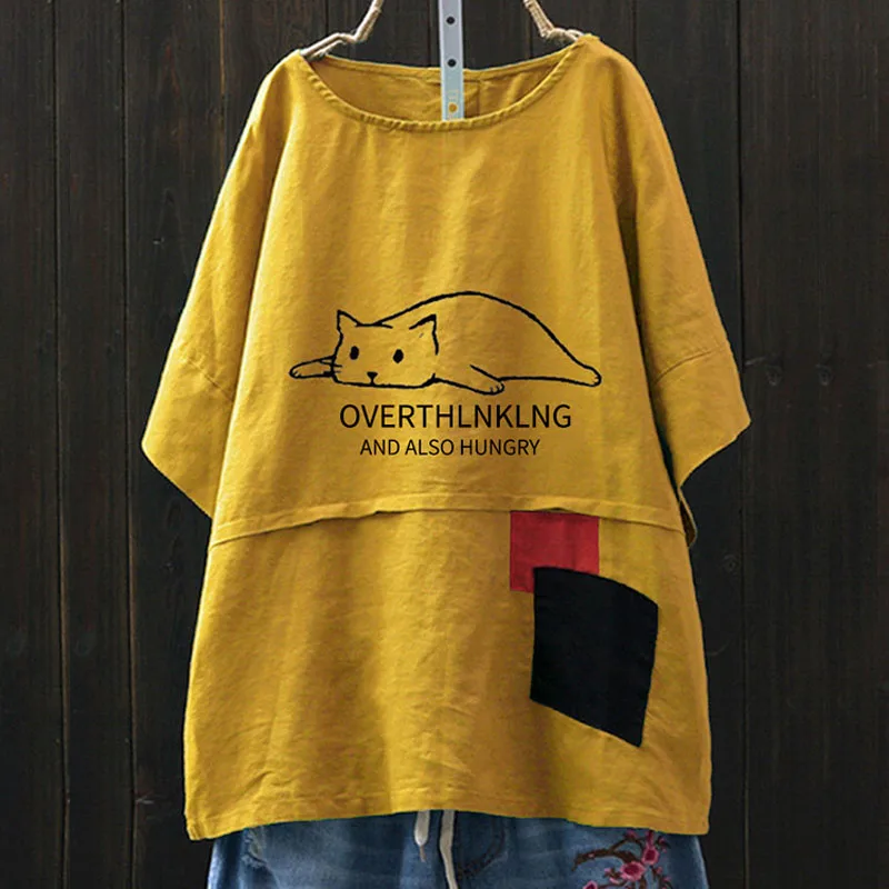 QPFJQD Лоскутная Туника, Женский хлопковый льняной топ, футболки, свободная футболка с круглым вырезом, повседневная женская футболка, топы с рисунком кота