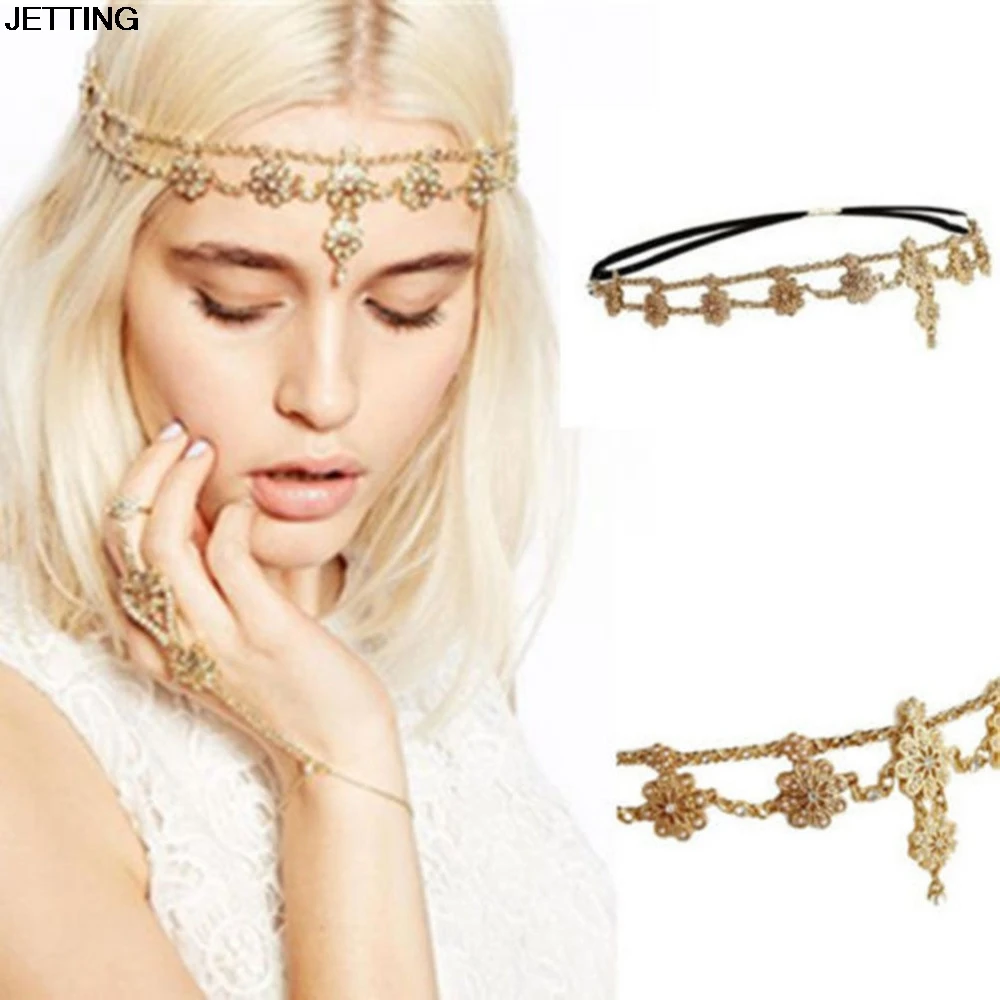 Fashion Women Gold Crystal Rhinestone pearl Flower Elastic Hair Band