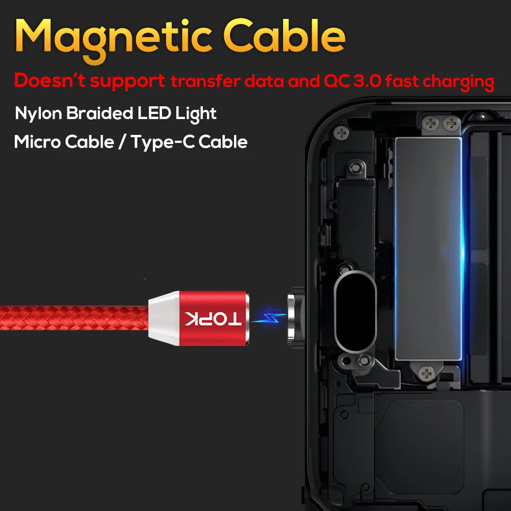 TOPK 1M LED Magnetic Charge Cable for iPhone Xs Max XR X 8 7 6 Plus Micro USB Cable & USB Type C Cable Magnet Charging USB C TOPK 1M LED Magnetic Charge Cable for iPhone Xs Max XR X 8 7 6 Plus Micro USB Cable & USB Type C Cable Magnet Charging USB C