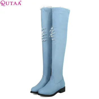 

QUTAA 2019 Denim Women Over The Knee High Boots All Match Platfrom Square Heel Elegant Blue Fashion Women Boots Size 34-43
