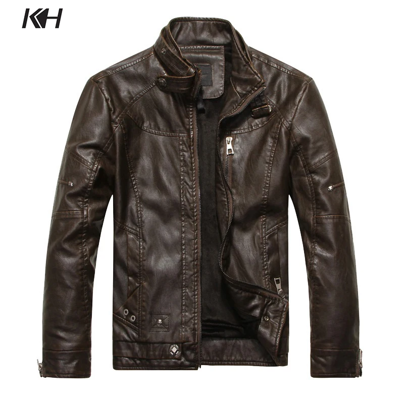 KH высококачественные мужские кожаные куртки, пальто, Мужская классическая мотоциклетная куртка со стоячим воротником, брендовая Повседневная теплая верхняя одежда из искусственной кожи