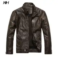 KH High Quality Men's Leather Jackets Coat Men Classic Stand Collar Motorcycle Jacket Brand Casual Warm PU Leather Outwear Male