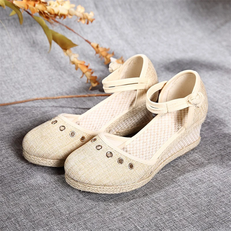Women Sandals Casual Linen Canvas Wedge Espadrilles Sandals Summer Vintage Embroidered Ankle Strap Med Heel Platform Pump Shoes (2)
