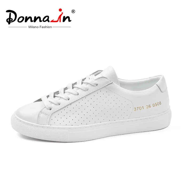 

Donna-in White Sneakers Women Genuine Leather Soft Comfortable Casual Flats Shoes 2019 Lace-up Round Toe Hollow Ladies Shoes