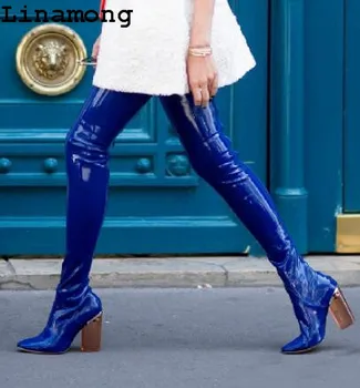 

Women New Fashion pointed toe pure blue pu leather with reflective square mental heel high heel long boots