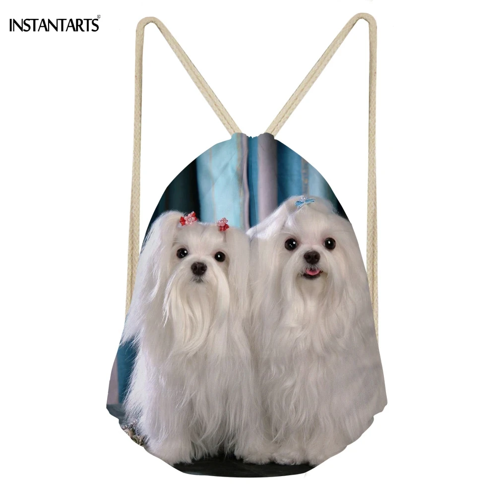 

INSTANTARTS Kawaii 3D Animal Maltese Dog Print Women Drawstring Bags Multifunction Storage Bags for Teen Girls Travel Backpacks