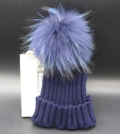 Jinsen Aite/зимняя детская шапка, 15 см, настоящий шарик из меха енота, шапки, Повседневные детские теплые шапки для мальчиков и девочек, детская одежда, JS222 - Цвет: Синий