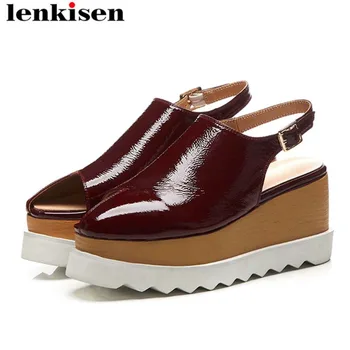 

Lenkisen new arrival wedges waterproof slingback women pumps peep square toe vintage natural leather fashion gladiator shoes L01