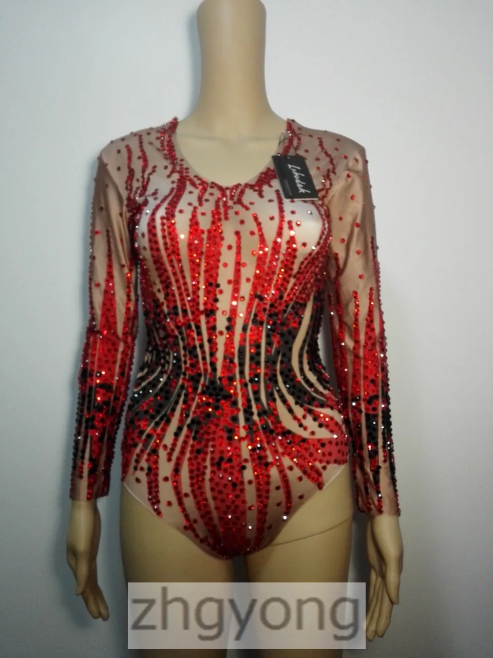 Full Diamond Female Leotard Bodysuit Red Black Crystals Long Sleeve Jumpsuit Nightclub Women Leading Dancer DJ DS Stage Costume cut out bodysuit