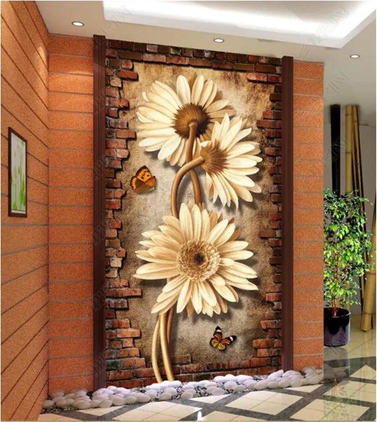 

Custom Photo Mural Wallpaper Vintage Chrysanthemum 3D Stereo Brick Wallpaper Living Room Hotel Entrance Decor Papel De Parede 3D