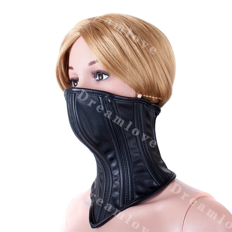 

Female Soft Boned Leather Bondage Neck Corset Collar Womens Fetish Lockable Half Face Mask Slave Role Play Costume