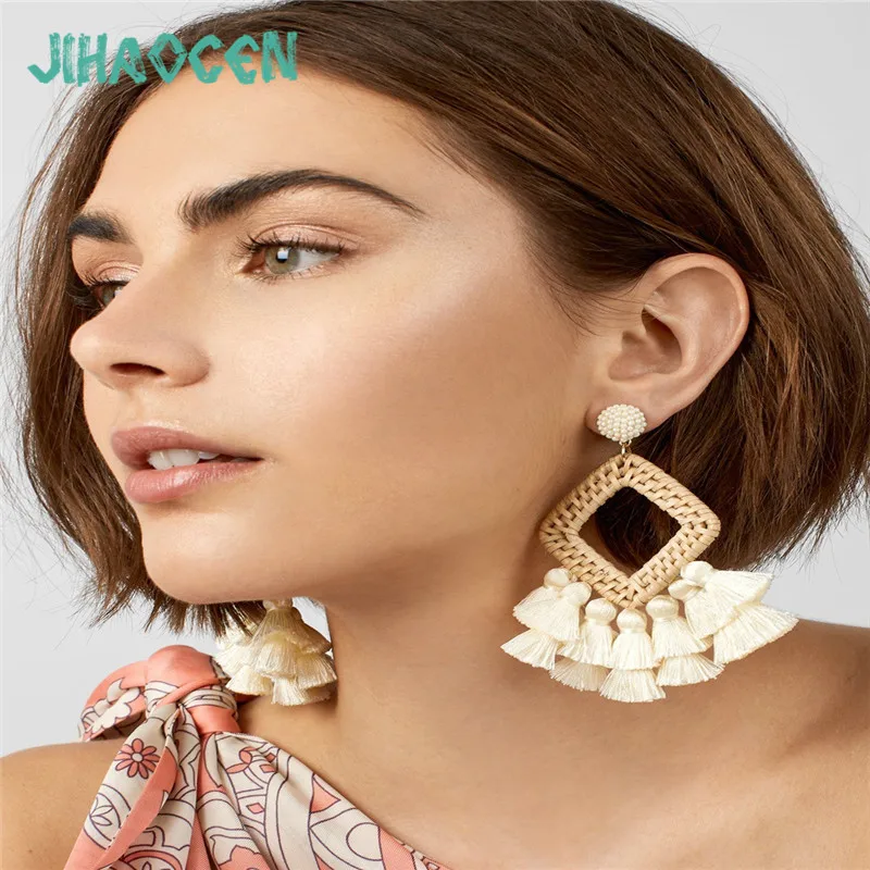 Statement Long Earrings Zinc Alloy Geometric Cotton Tassels Elegant