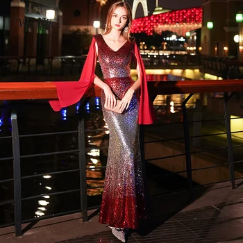 

weiyin Red Evening Dresses Long 2020 Sexy V-neck Sleeveless Sparkle Mermaid Sequin Evening Dresses Gowns WY941