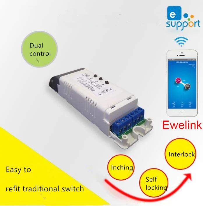 EWeLink WiFi переключатель 2 канала реле постоянного тока 7-32 В/AC 220 В мотор занавес переключатель инчинг Блокировка самоблокирующийся умный дом wifi модуль