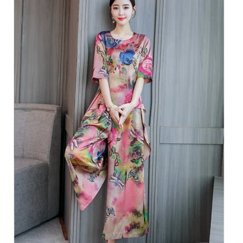 

2020 Spring Summer Suit Ladies Literary Print Tops + Loose Nine Points Wide Leg Pants Plus size Two Piece Sets Fashion Women Set