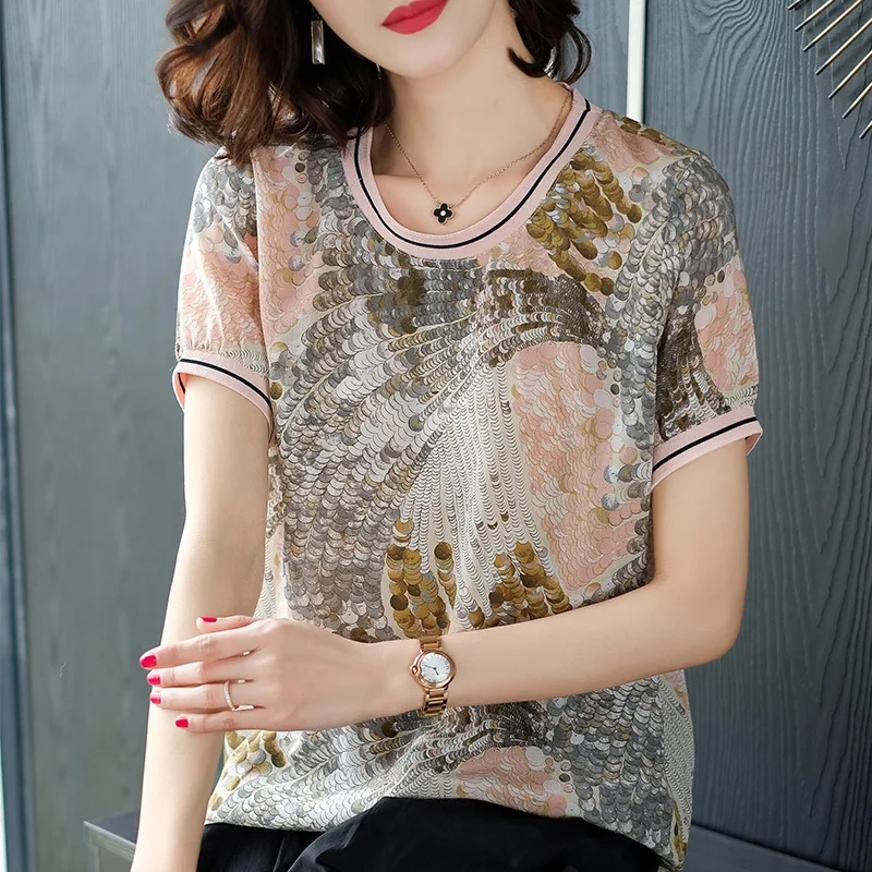 

2019 Women Ladies Clothing Tops Short Sleeve Printing Shirts Casual Blouse Silk Female Woman Clothes Quality 100% Pure Silk