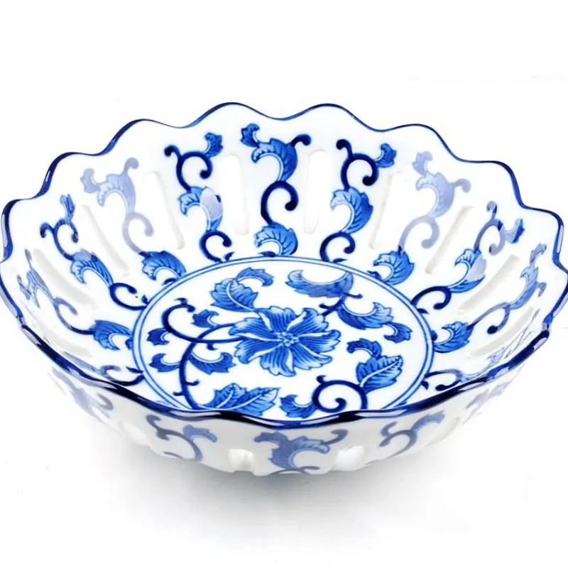 Jingdezhen Ceramics Pierced Chinese style Classical Fruit Bowl Handpainted Blue and White Porcelain Arts Crafts Snack Plate | Дом и сад