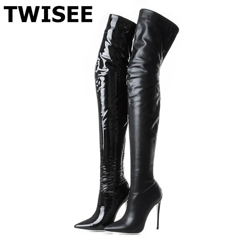 TWISEE Sexy fashion Patent Leather ladies high-heeled Rubber shoes boots Pointed Toe luxury shoes boots pumps  lady pointed knee