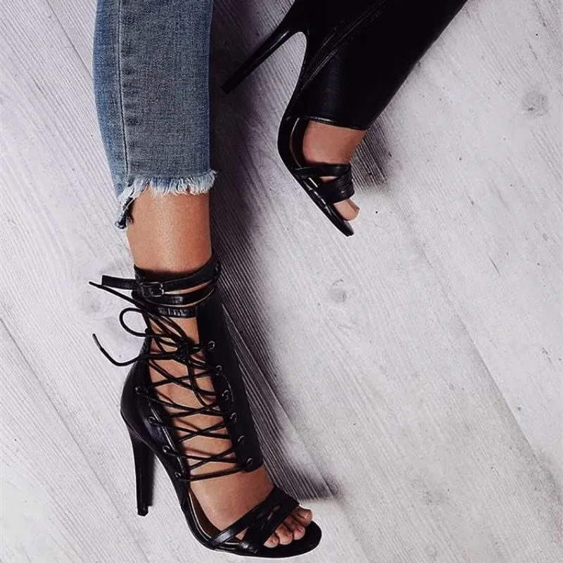 

EOEODOIT High Stiletto Heel Boots Summer Sexy Open Toe Leather Pumps Sandals Ankle Buckle Belted Rome Style Retro Bootie 11 CM