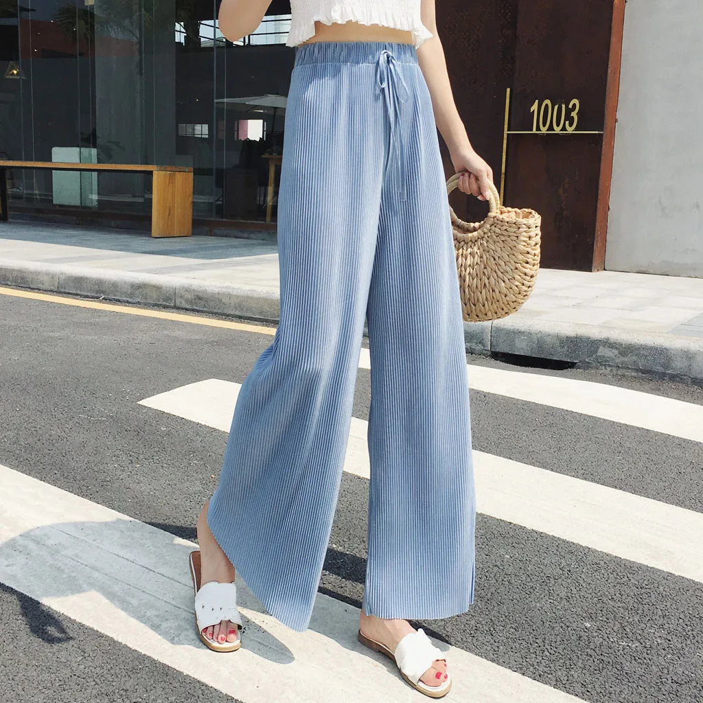 

Women Pants Solid High Waist Drawstring Pleated Loose Pants Casual Elastic Waist Wide Leg Pants Plus Size YJJ1