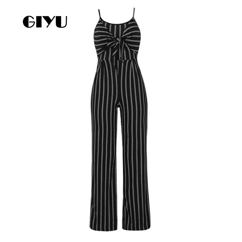 

GIYU Striped Printing Long Jumpsuits Women Strap Overalls Sexy Backless High Waist Romper 2019