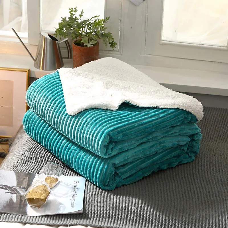 

Tow-Layer Winter Warm Blanket Strip Artificial Berber Fleece Throw Blanket BedSpread for Bedding Flannel Coverlet Manta 3 Size