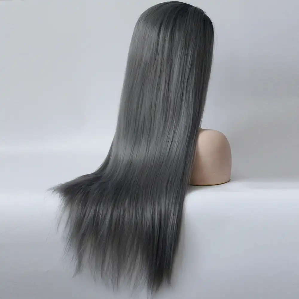 Black Roots Ombre Dark Grey Middle Part Wig Hand Tied Synthetic