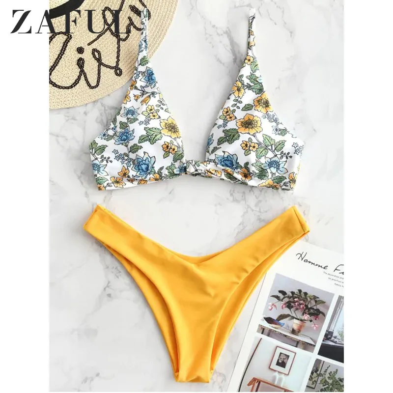 

ZAFUL Tiny Floral Knotted Bikini Set Bathing Suit Plunging Neck Padded Women Beach Wear Beach Suit Sexy Swimwear Swimsuit