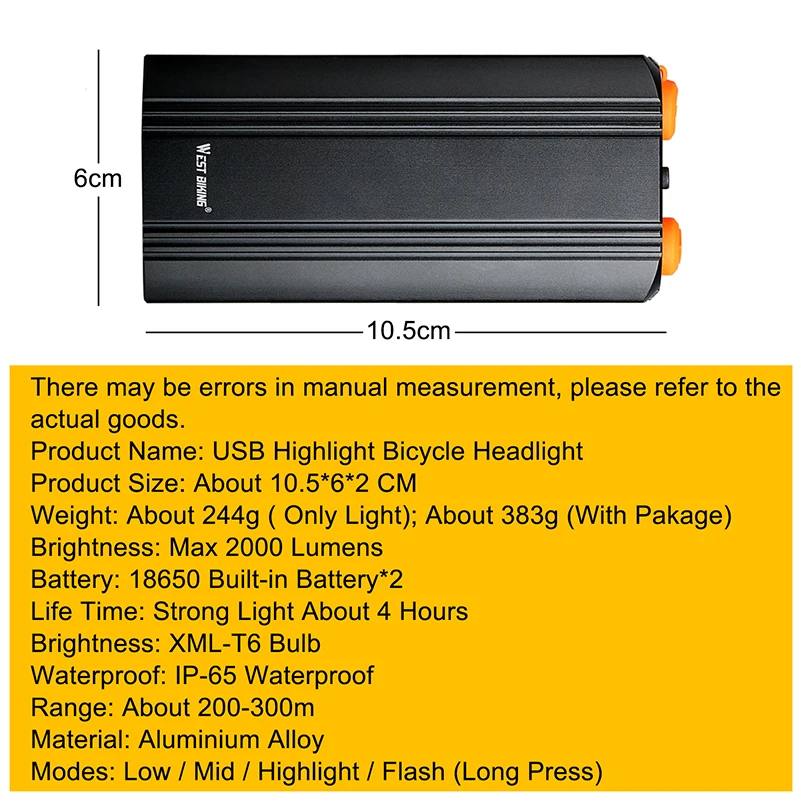 WEST BIKING MAX 2000 лм велосипедный светильник 2 XML-T6 светодиодный головной светильник встроенный аккумулятор 6000 мАч+ 2 крепления на руль велосипедный светильник