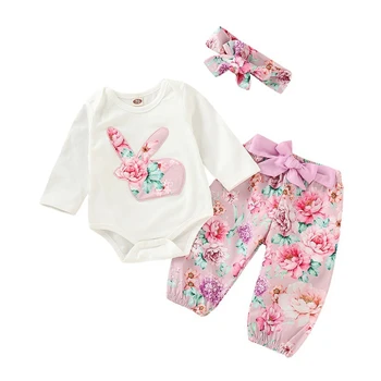 

3Pcs/Sets Newborn Baby Girls Clothes Long Sleeve Romper T-Shirt Top+Floral Pant+Headband Toddler Baby Clothes Cotton Outfits