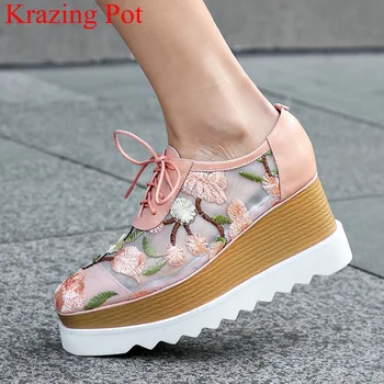 

fashion breathable mesh embroider lace up high heels thick bottom women sneakers wedges preppy style casual vulcanized shoes L08