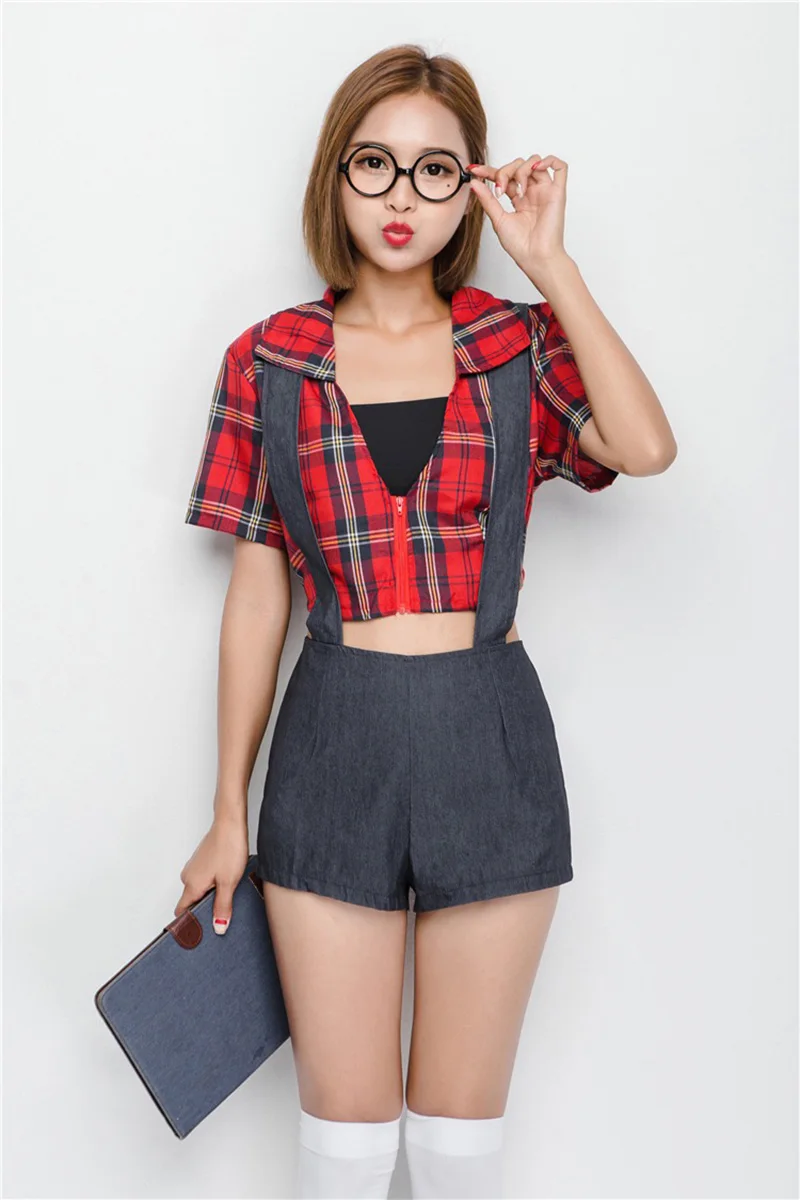 Student Girl - US $15.1 5% OFF|Adult Women Sexy School Student Girls Costume Fancy Outfit  Porn Romper Overwall Shorts Red Plaid Shirt Crop Tops For Teen Girls-in ...