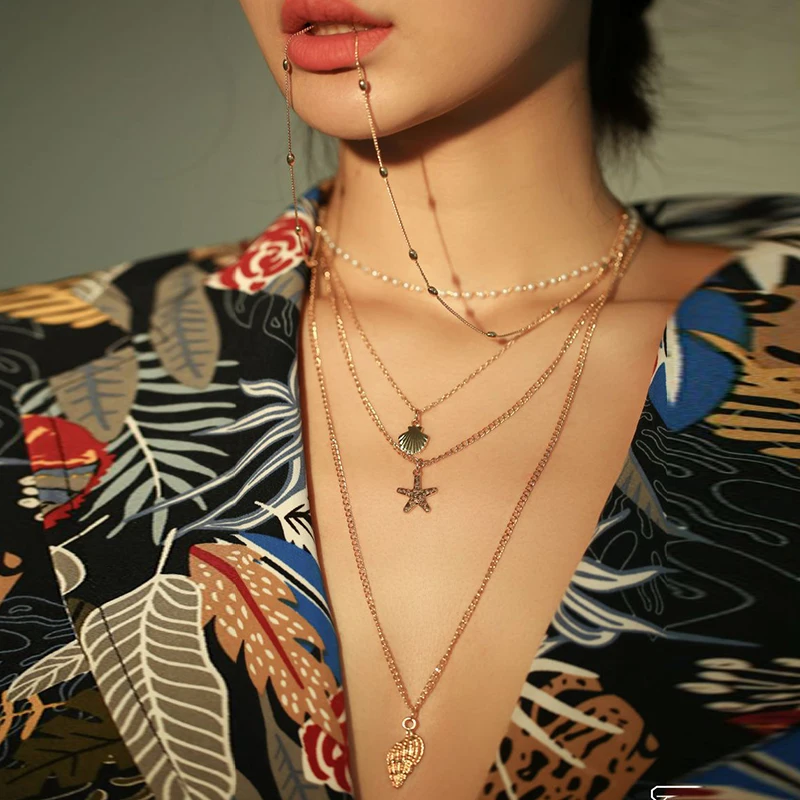 

Lalynnlys New Hot Bohemian Shell Conch Starfish Pendant Necklaces For Women Multi-layer Choker Necklace Beach Jewelry N68851
