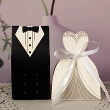 100Pcs Candy Box Bridal Gift Cases Groom Tuxedo Dress Gown Ribbon Wedding Favors Sugar Case Wedding mariage Decoration
