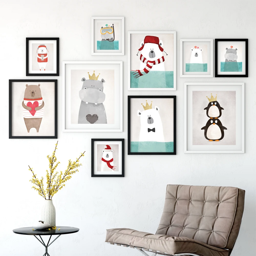 

Modern Nordic Kawaii Bear Hippo penguin Animals Cartoon Canvas Painting Art Print Poster Nursery Wall Paintings Home Decor