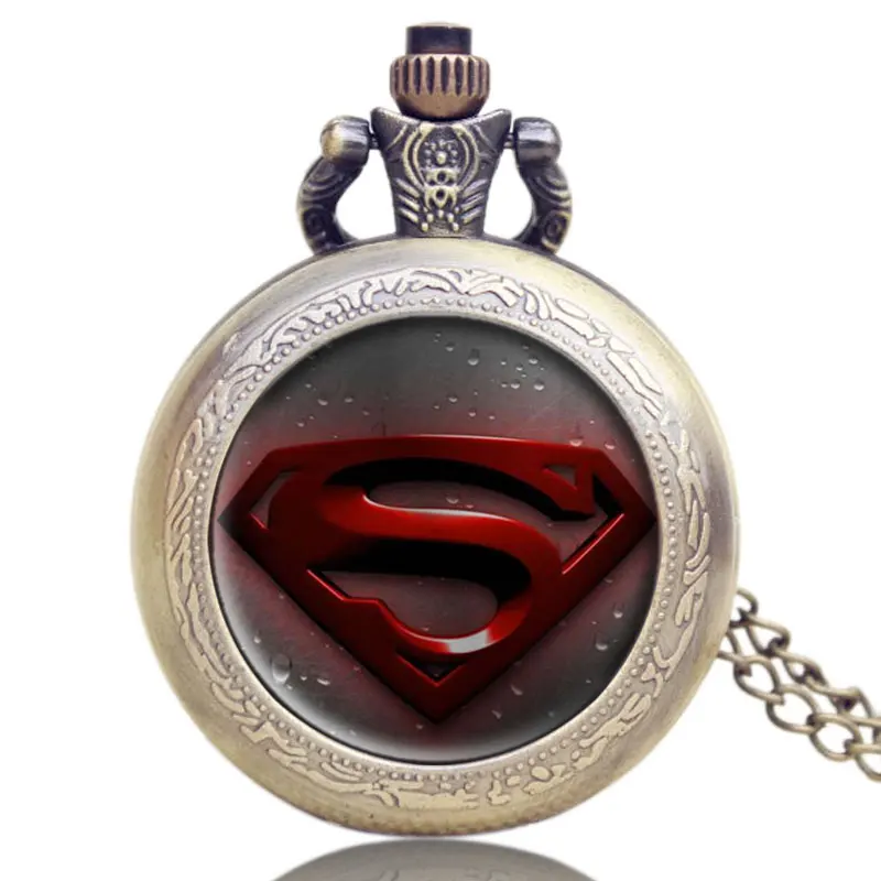 

YISUYA Men Boy Gift Fashion Movie Superman Badge Long Chain Necklace Pendant Vintage Quartz Pocket Watch Retro Cool Steampunk