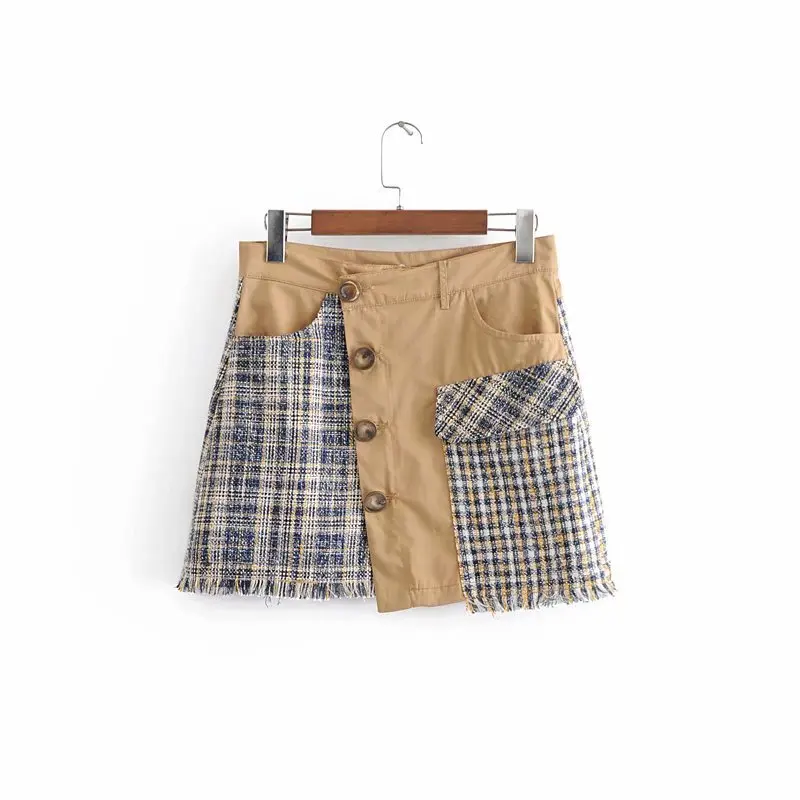 Женская твидовая мини-юбка в стиле пэчворк винтажная повседневная короткая юбка
